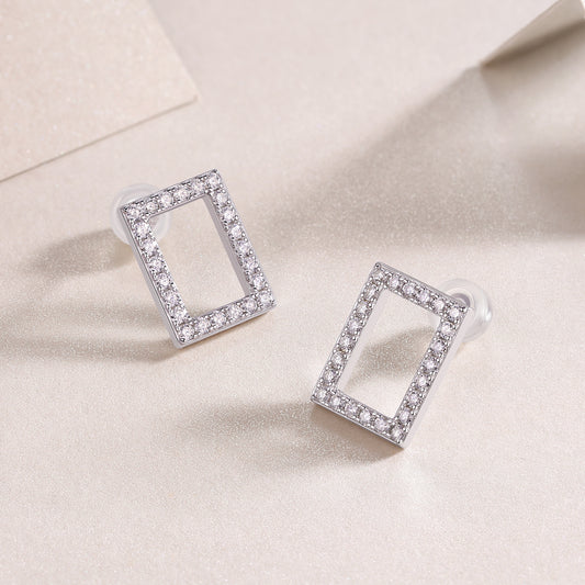 Moissanite Pave Open Rectangle Stud Earrings in 925 Sterling Silver