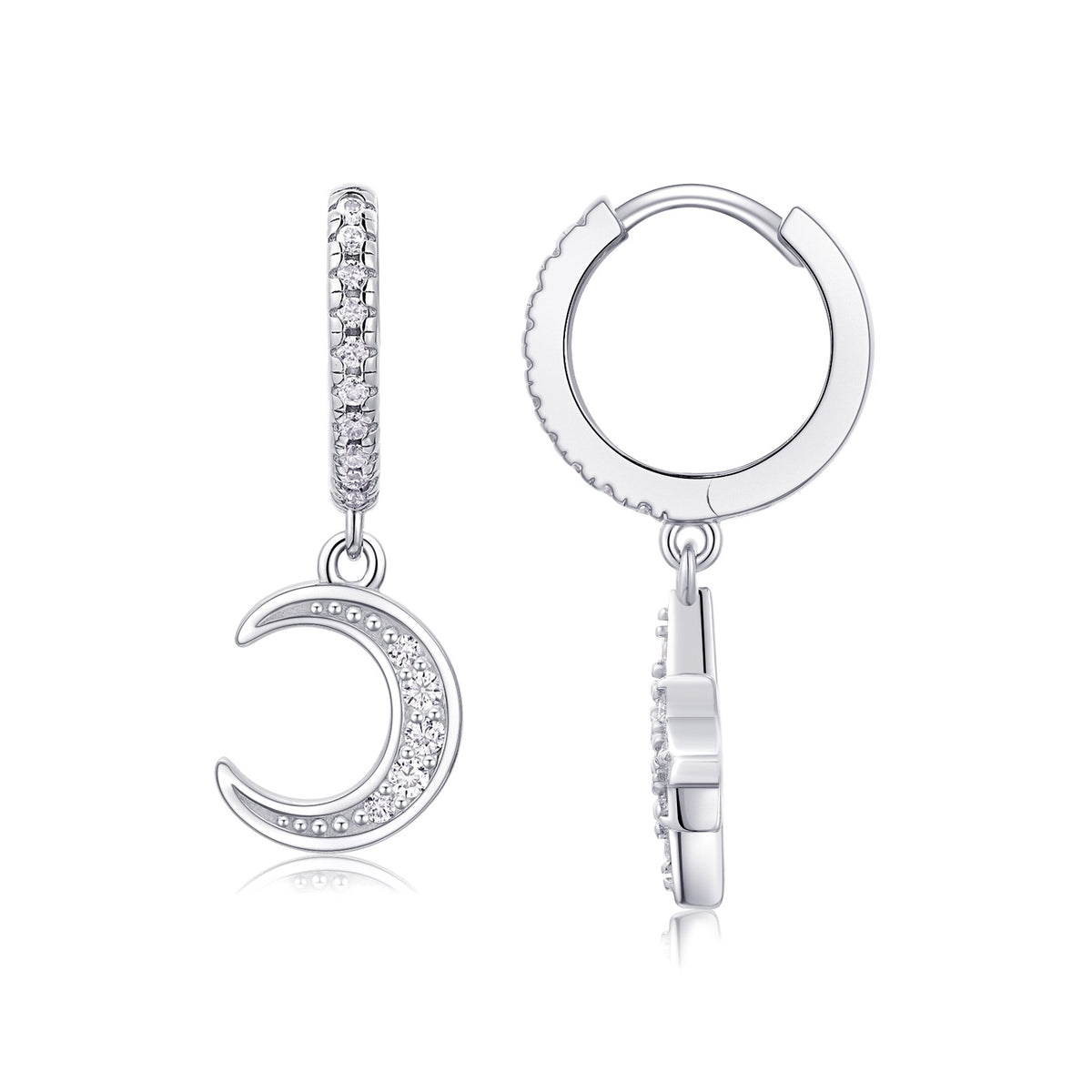 Moissanite Moon and Star Mismatched Huggie Drop Earrings in 925 Silver