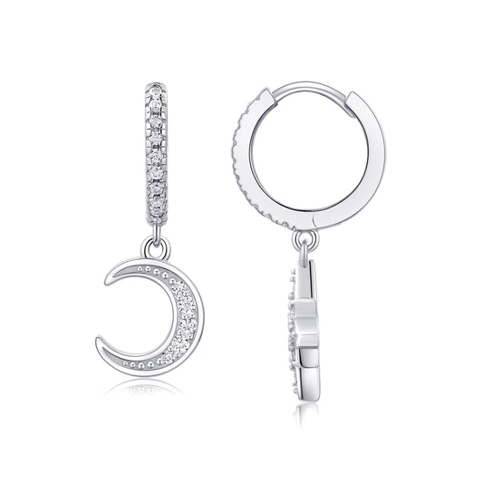 Moissanite Moon and Star Mismatched Huggie Drop Earrings in 925 Silver