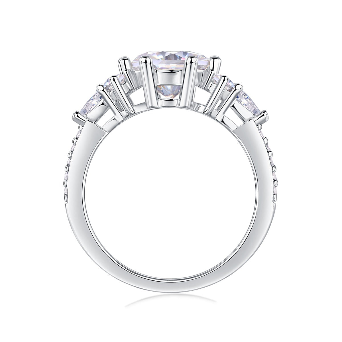 Round Moissanite Engagement Ring with Cluster Shoulders in 925 Silver