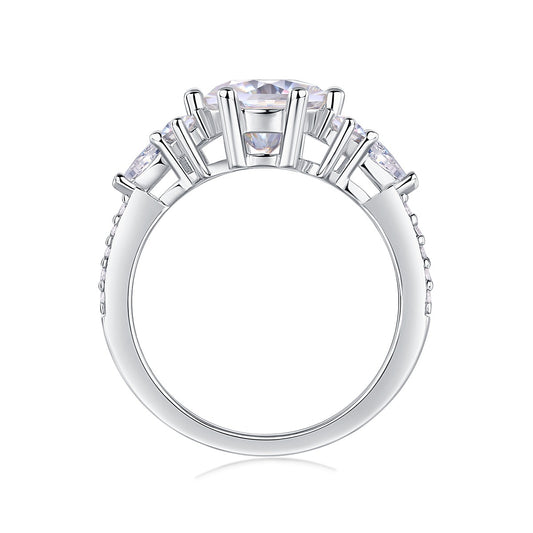 Round Moissanite Engagement Ring with Cluster Shoulders in 925 Silver