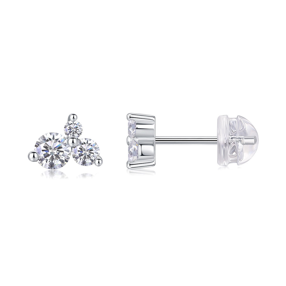 Round Moissanite Three-Stone Cluster Stud Earrings in 925 Silver