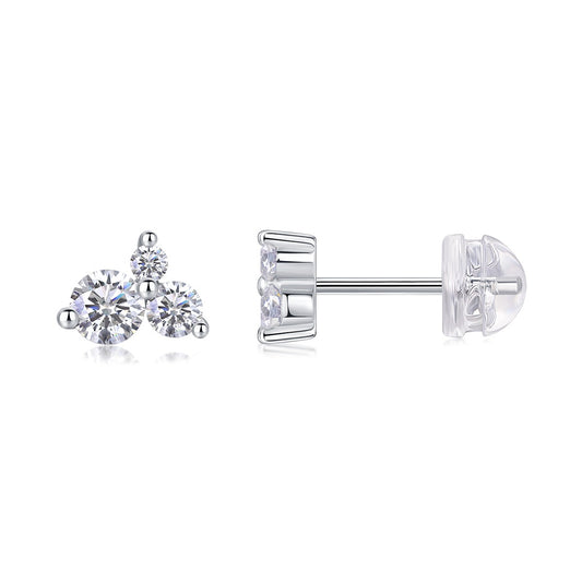 Round Moissanite Three-Stone Cluster Stud Earrings in 925 Silver