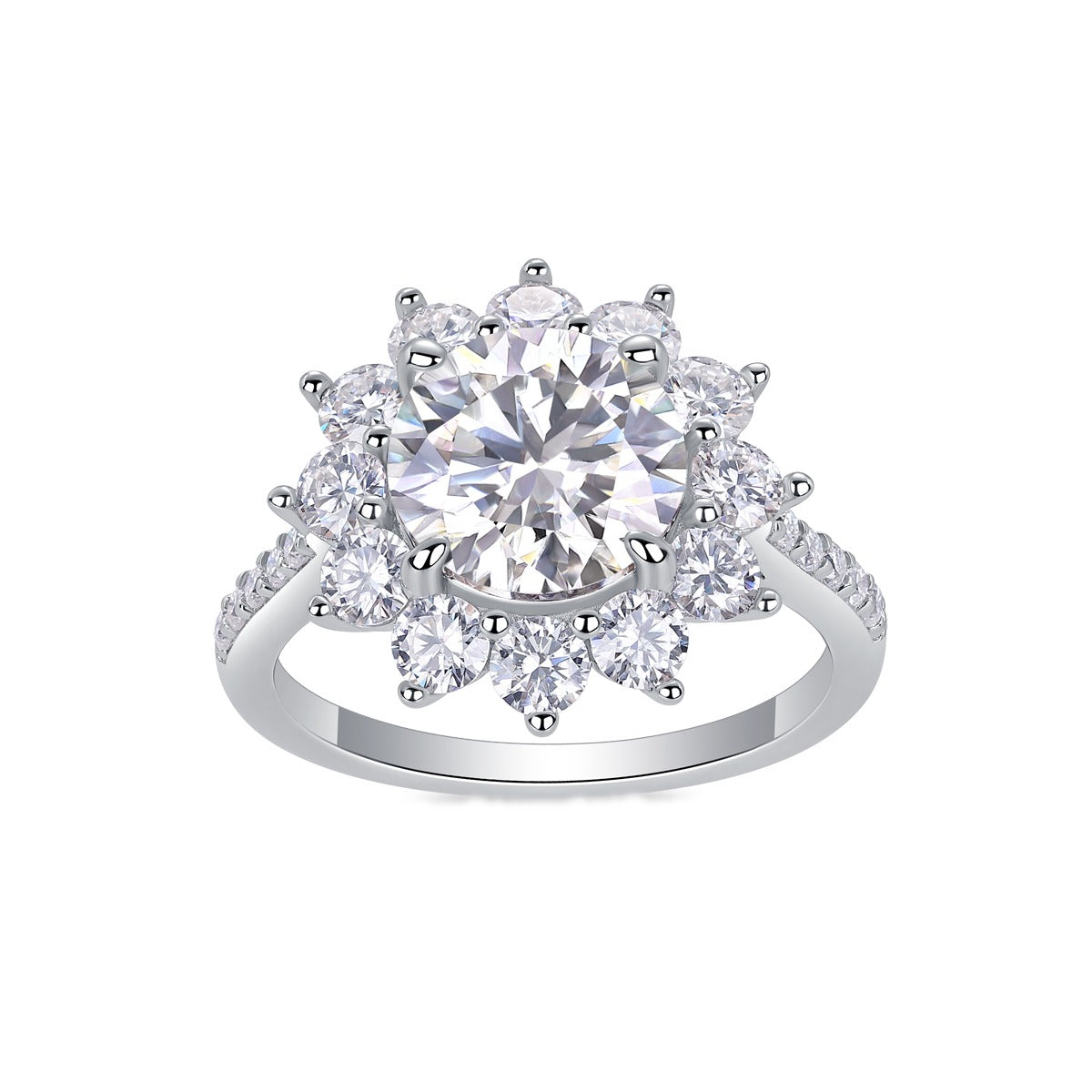 Round Moissanite Sunflower Halo Ring with Pear Petals in 925 Silver
