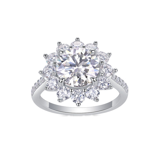 Round Moissanite Sunflower Halo Ring with Pear Petals in 925 Silver