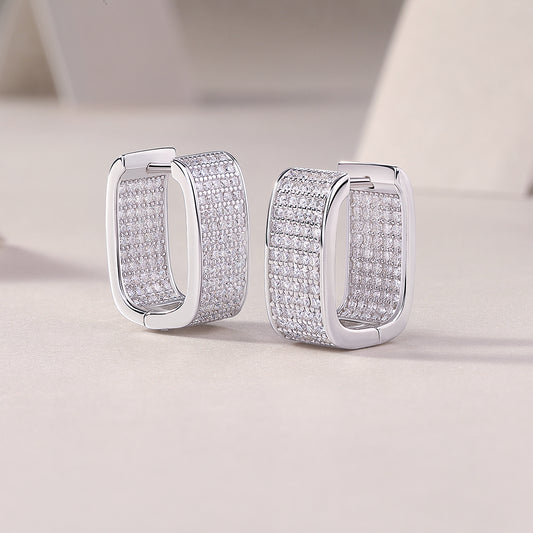 Wide Pave Moissanite Rectangle Hoop Earrings in 925 Sterling Silver