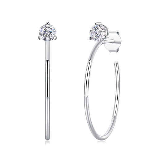 Round Moissanite Three-Prong Solitaire Hoop Earrings in 925 Silver