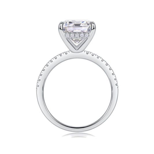 Emerald-Cut Moissanite Hidden-Halo Solitaire Ring in 925 Silver