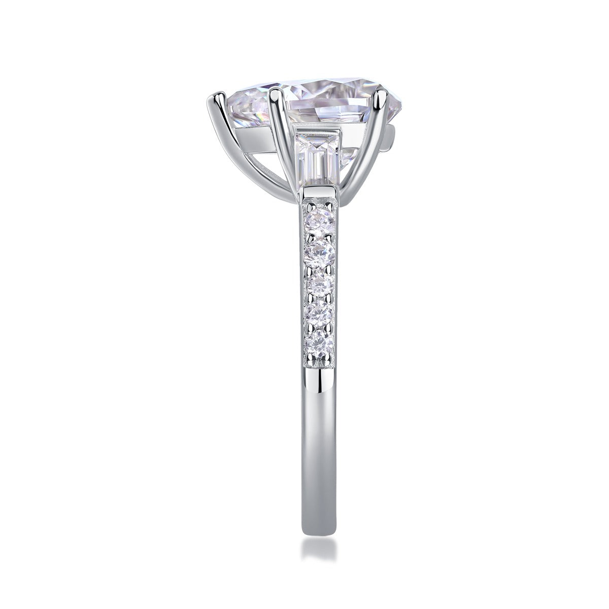 Pear Moissanite Ring with Baguette Side Stones in 925 Sterling Silver