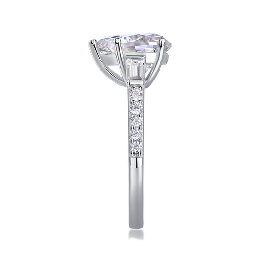Pear Moissanite Ring with Baguette Side Stones in 925 Sterling Silver