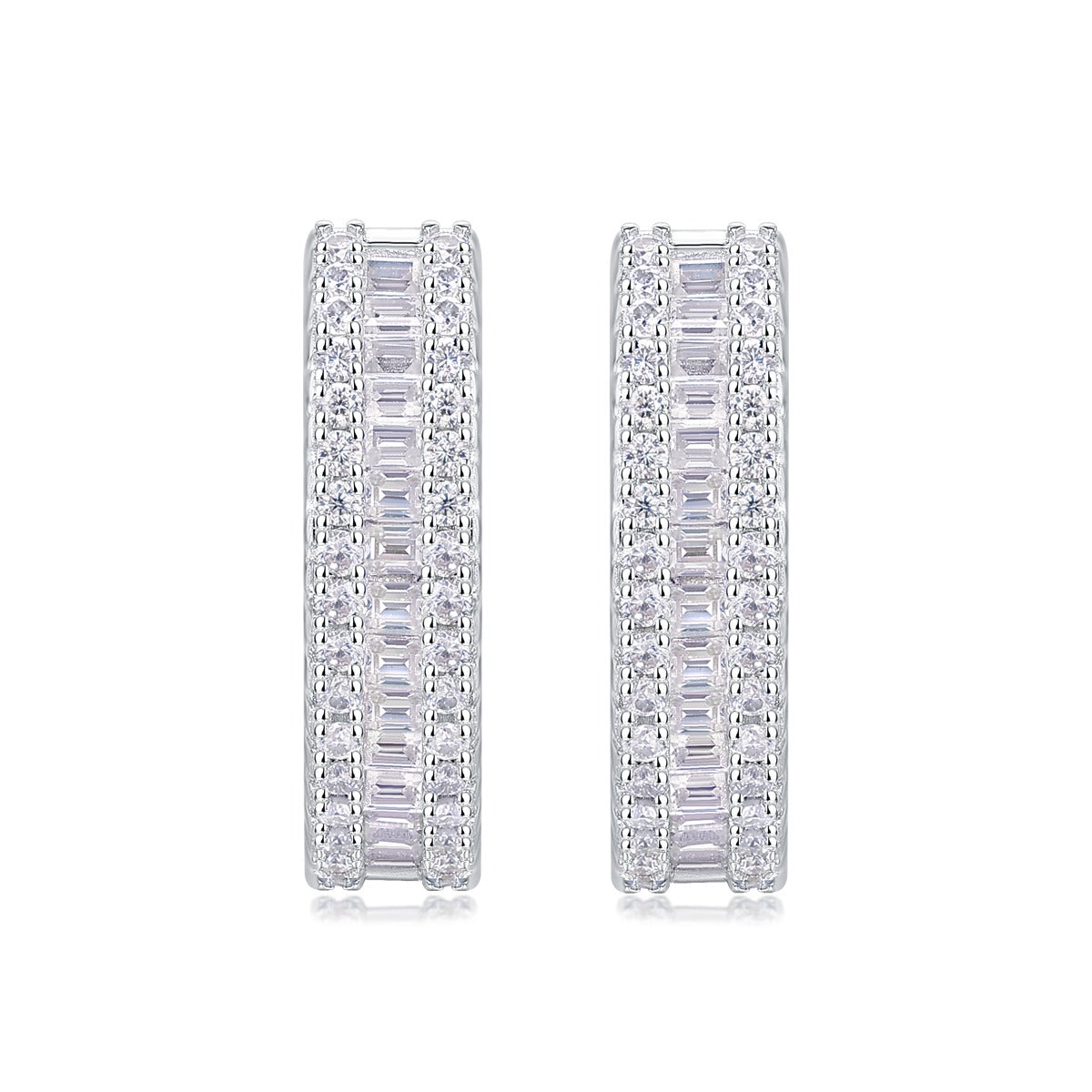 Baguette and Pave Moissanite Huggie Hoop Earrings in 925 Sterling Silver