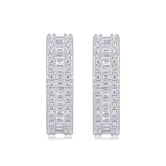 Baguette and Pave Moissanite Huggie Hoop Earrings in 925 Sterling Silver