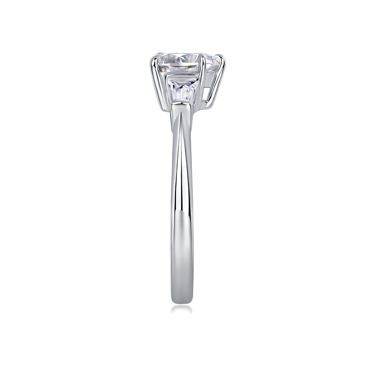 Heart Moissanite Ring with Tapered Baguette Side Stones in 925 Silver