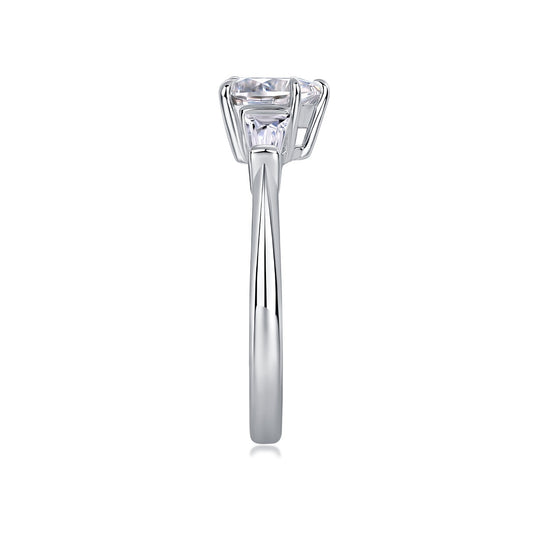 Heart Moissanite Ring with Tapered Baguette Side Stones in 925 Silver