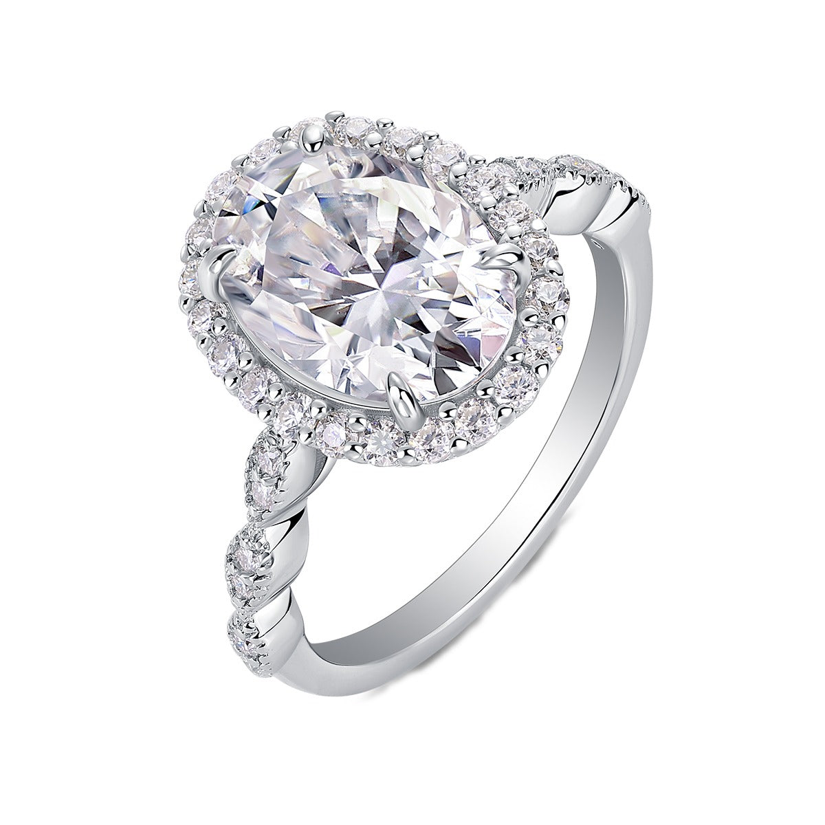 Oval Moissanite Halo Ring with Twisted Pave Band in 925 Silver
