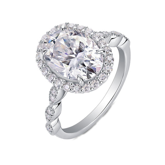 Oval Moissanite Halo Ring with Twisted Pave Band in 925 Silver