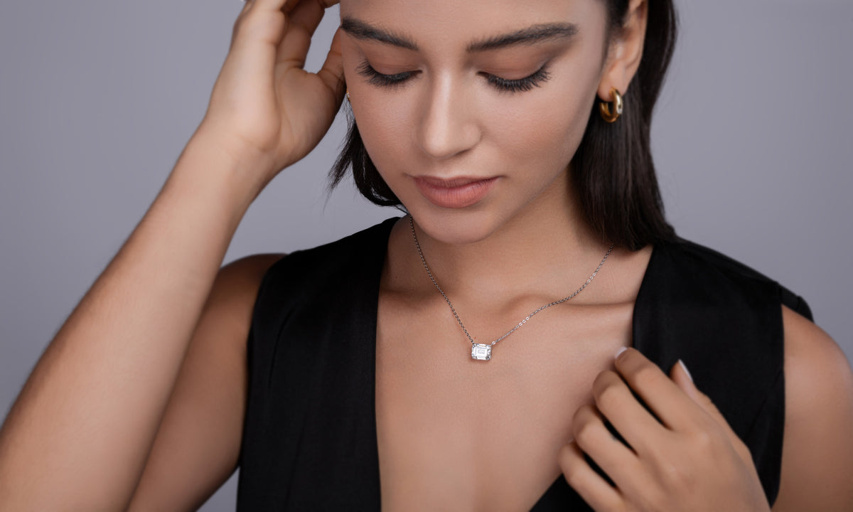 Emerald-Cut Moissanite East-West Solitaire Necklace in 925 Silver - worn