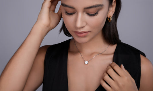 Emerald-Cut Moissanite East-West Solitaire Necklace in 925 Silver - worn