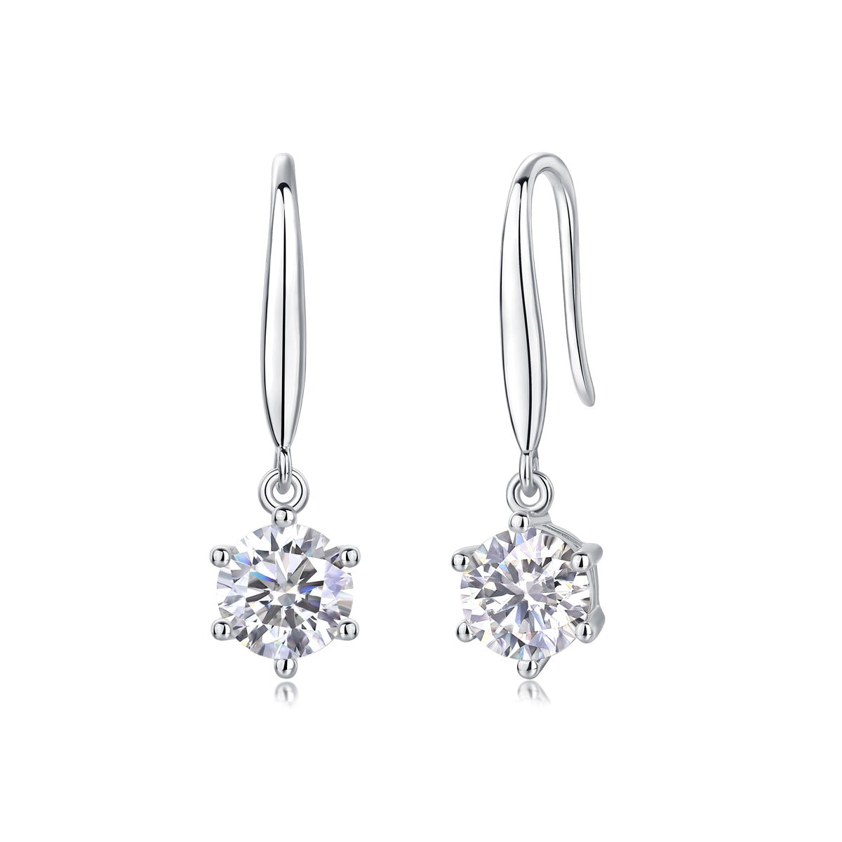 Round Moissanite Solitaire Drop Earrings on Long Hooks in 925 Silver