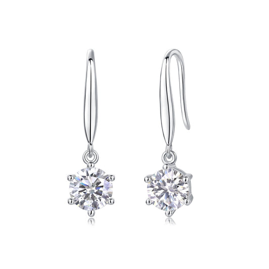 Round Moissanite Solitaire Drop Earrings on Long Hooks in 925 Silver
