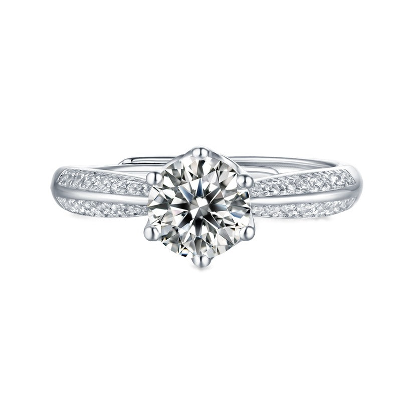 Six-Prong Round Moissanite Ring with Pave Band in 925 Sterling Silver