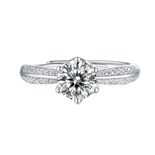 Six-Prong Round Moissanite Ring with Pave Band in 925 Sterling Silver