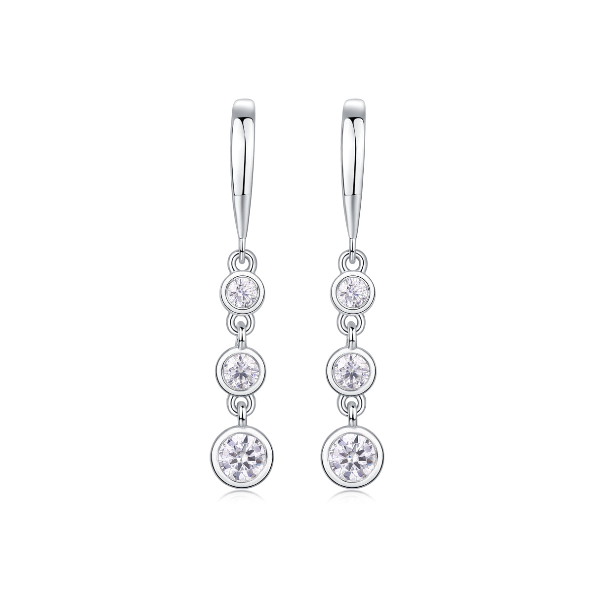 Round Moissanite Triple Bezel Drop Earrings in 925 Sterling Silver