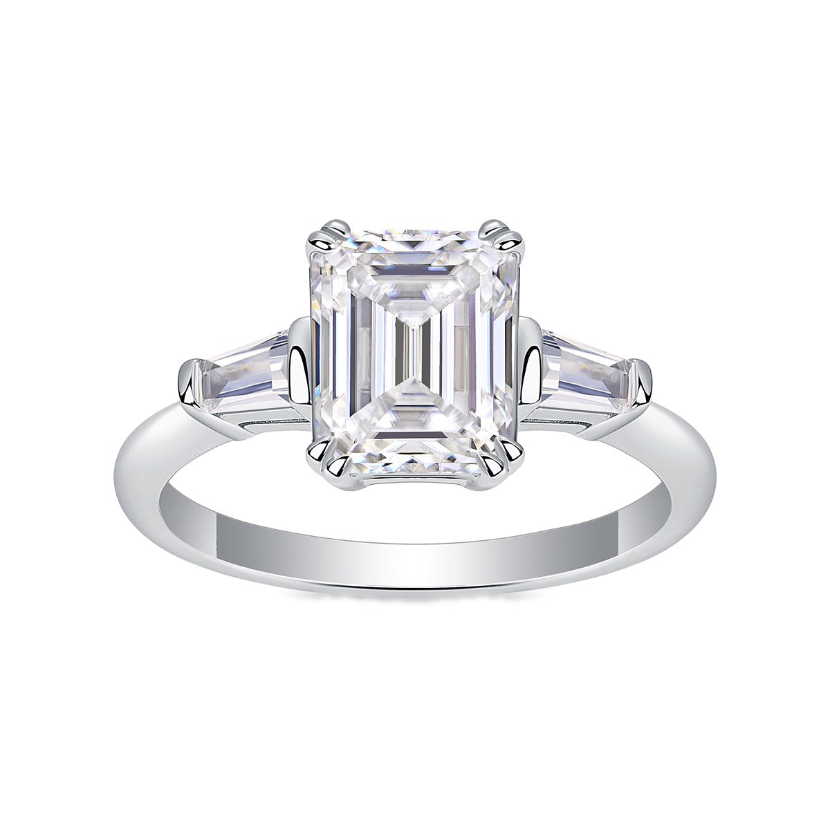 Emerald-Cut Moissanite Ring with Tapered Baguettes in 925 Silver