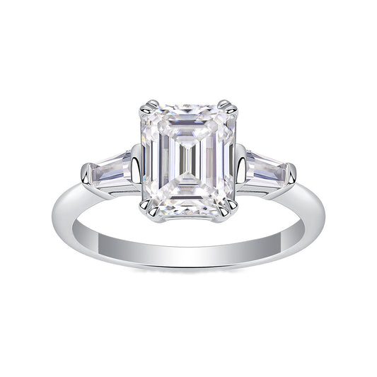 Emerald-Cut Moissanite Ring with Tapered Baguettes in 925 Silver