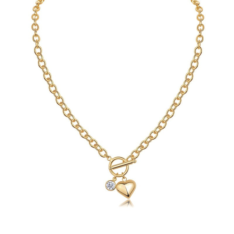 Rolo Chain Toggle Necklace with Moissanite Heart Charm in Gold-Plated 925 Silver