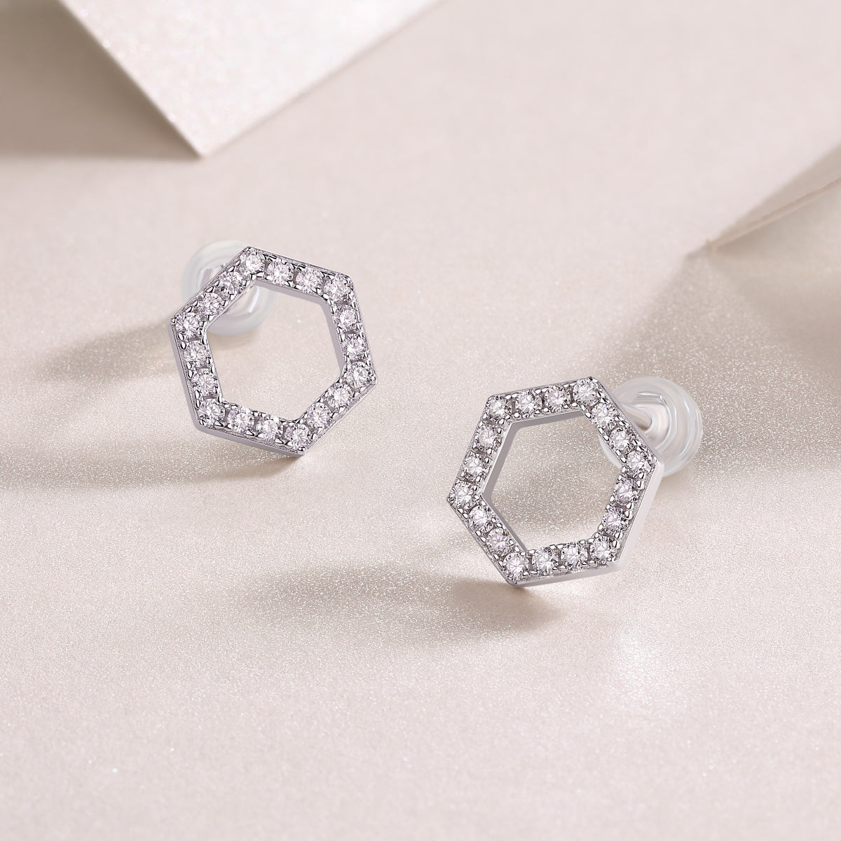 Moissanite Pave Open Hexagon Stud Earrings in 925 Sterling Silver