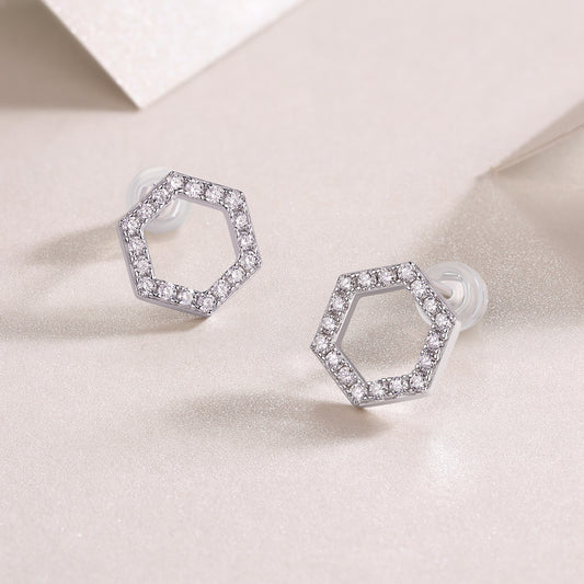 Moissanite Pave Open Hexagon Stud Earrings in 925 Sterling Silver