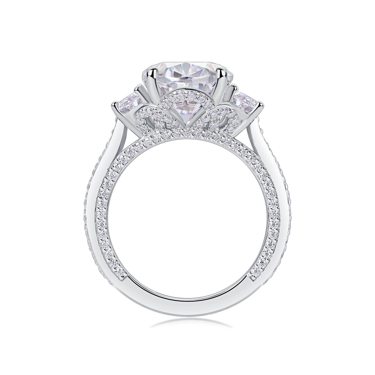 Oval Moissanite Three-Stone Ring with Half-Moon Sides in 925 Silver
