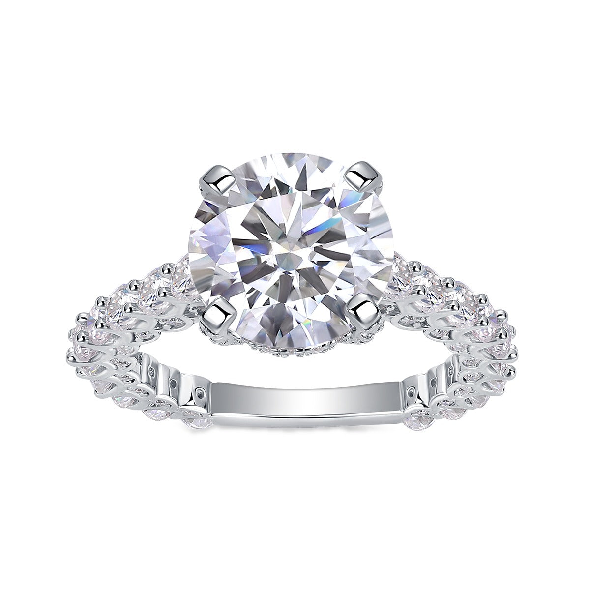 Round Moissanite Four-Prong Solitaire with Pave Band in 925 Silver