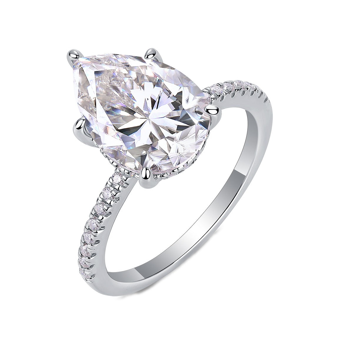 Pear Moissanite Hidden-Halo Solitaire Ring in 925 Sterling Silver