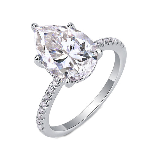 Pear Moissanite Hidden-Halo Solitaire Ring in 925 Sterling Silver