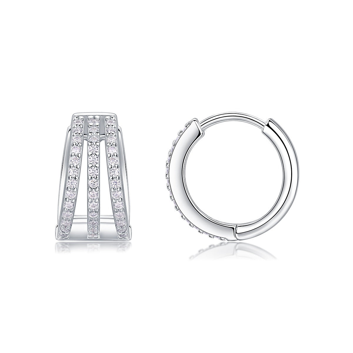 Three-Row Pave Moissanite Huggie Hoop Earrings in 925 Sterling Silver