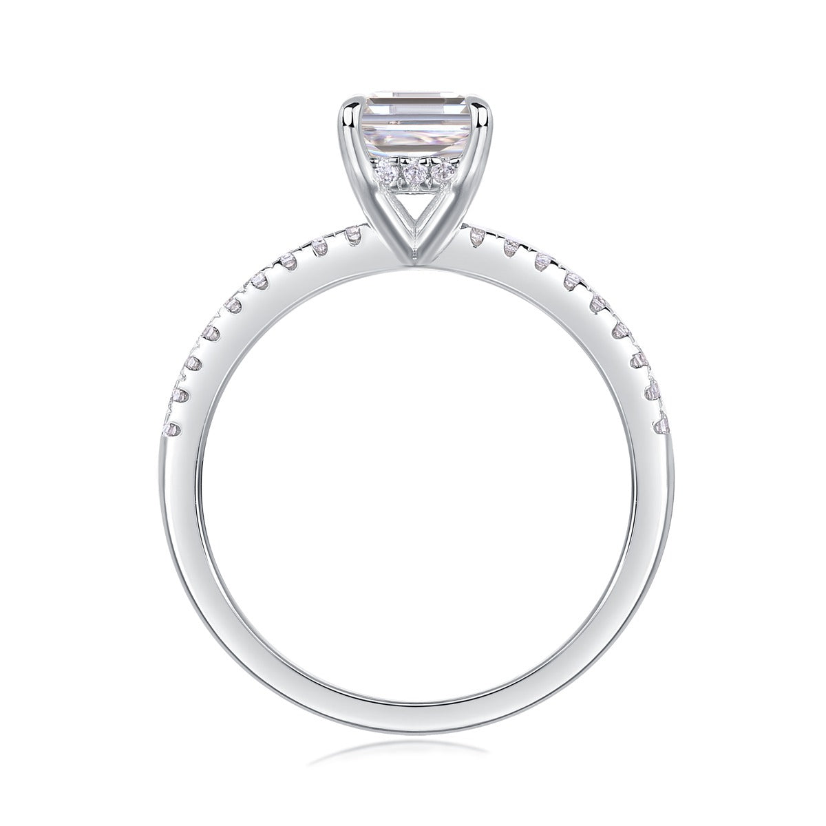 Emerald-Cut Moissanite Solitaire Ring with Pave Band in 925 Silver