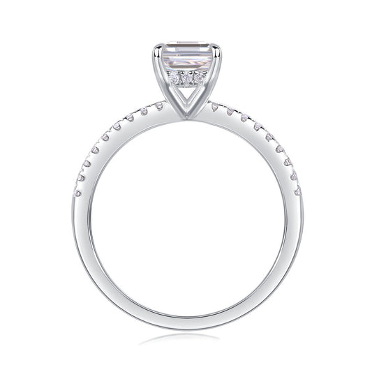 Emerald-Cut Moissanite Solitaire Ring with Pave Band in 925 Silver