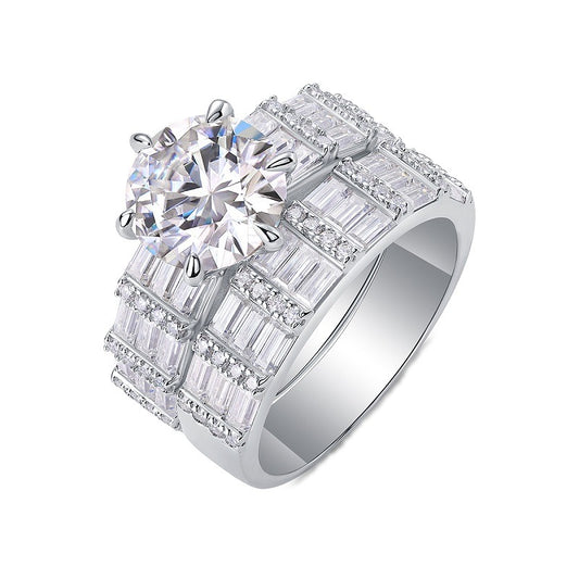 Round Moissanite Solitaire on Wide Baguette Band in 925 Silver