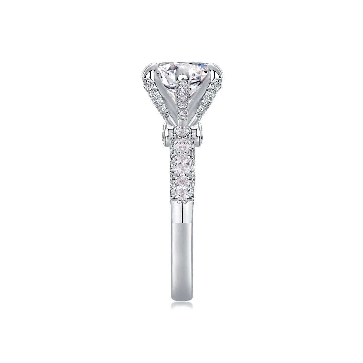 Round Moissanite Six-Prong Solitaire with Patterned Pave Band in 925 Silver