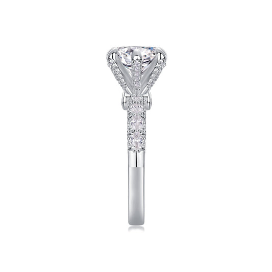 Round Moissanite Six-Prong Solitaire with Patterned Pave Band in 925 Silver
