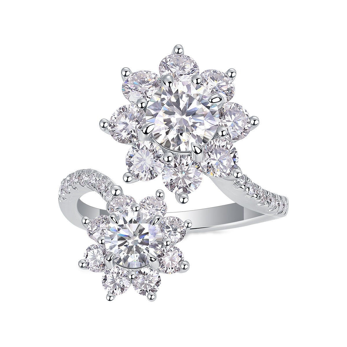 Moissanite Double Flower Cluster Bypass Ring in 925 Sterling Silver