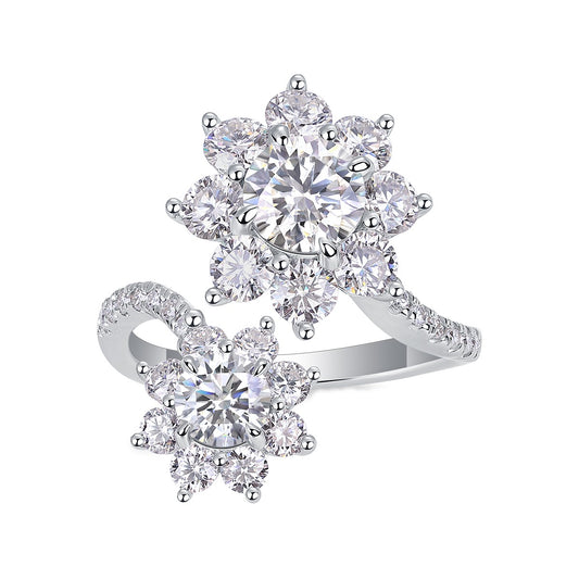 Moissanite Double Flower Cluster Bypass Ring in 925 Sterling Silver
