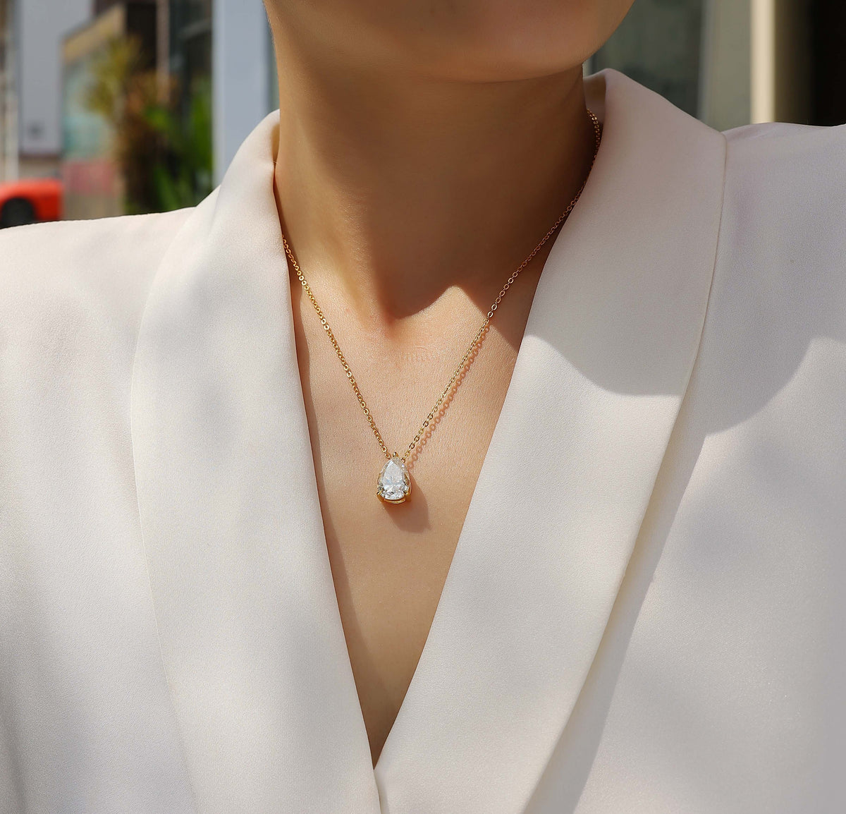 Pear Moissanite Solitaire Pendant Necklace in Gold-Plated 925 Silver - worn