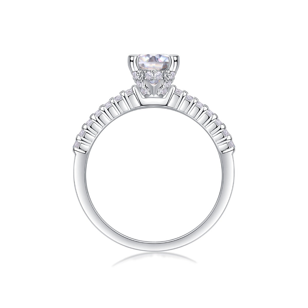 Round Moissanite Solitaire Ring with Shared-Prong Band in 925 Silver