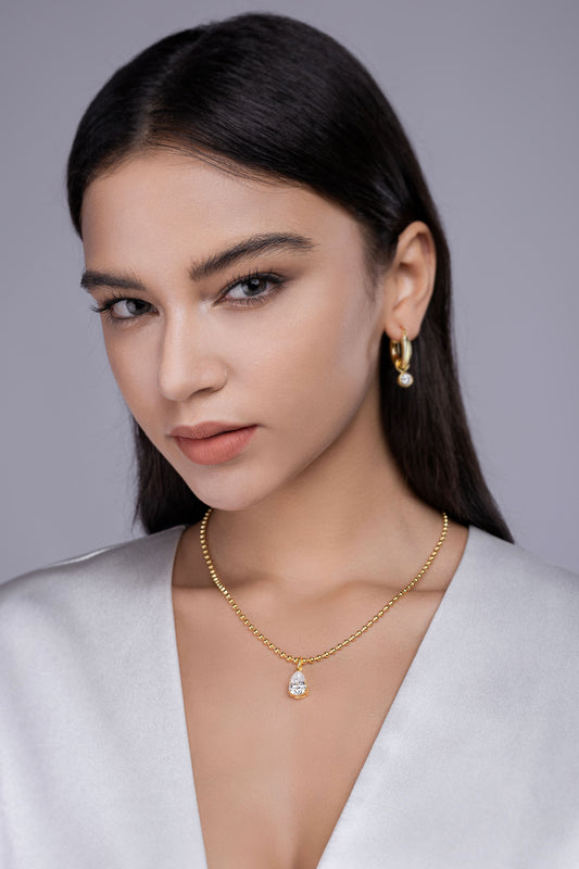 Pear Moissanite Pendant on Ball Chain in Gold-Plated 925 Silver - worn