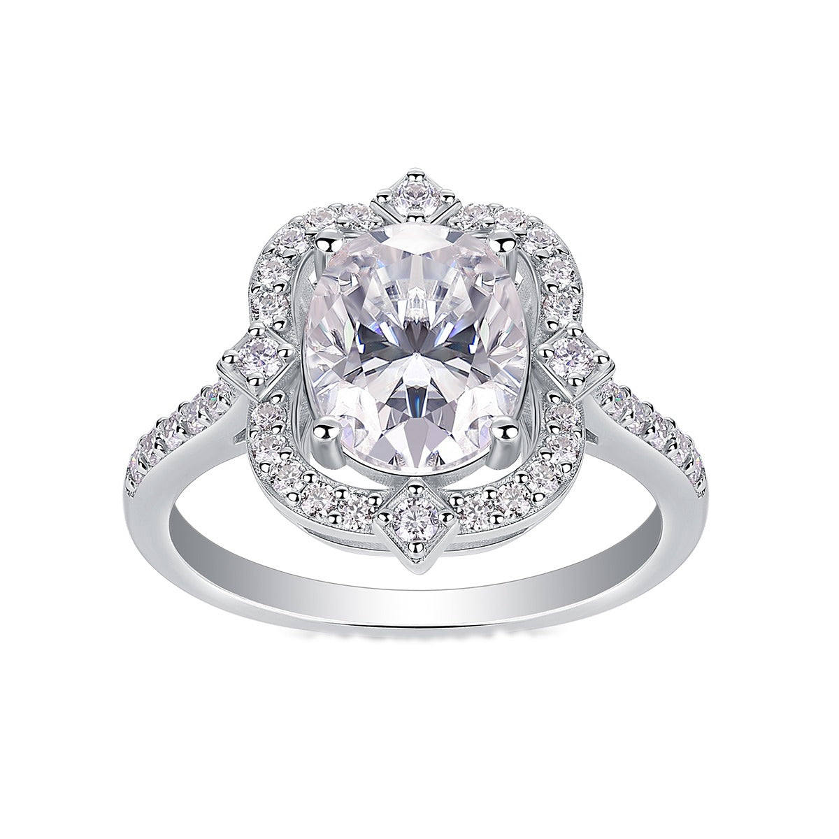 Oval Moissanite Ring with Floral Pave Halo in 925 Sterling Silver