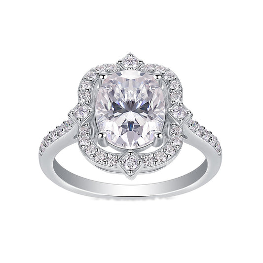 Oval Moissanite Ring with Floral Pave Halo in 925 Sterling Silver