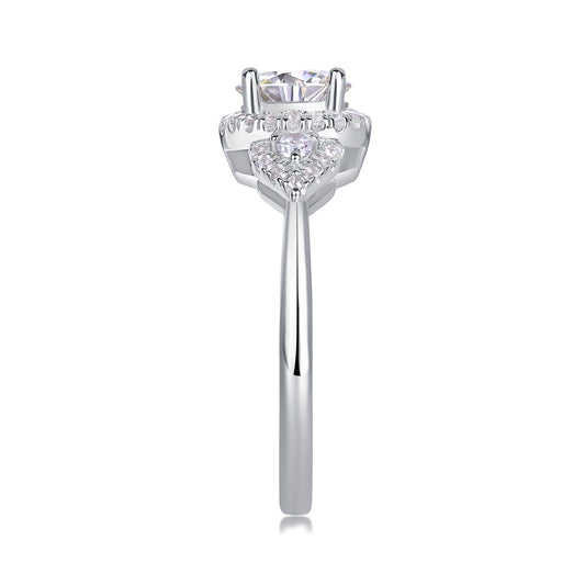 Round Moissanite Halo Ring with Pear Pave Accents in 925 Silver